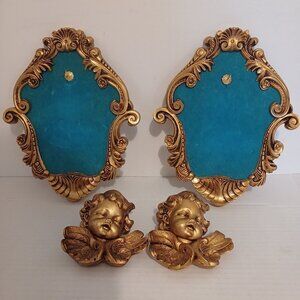 Vintage MCM Cherub Angels and Frames Wall Shelf Plaster Gold Bundle